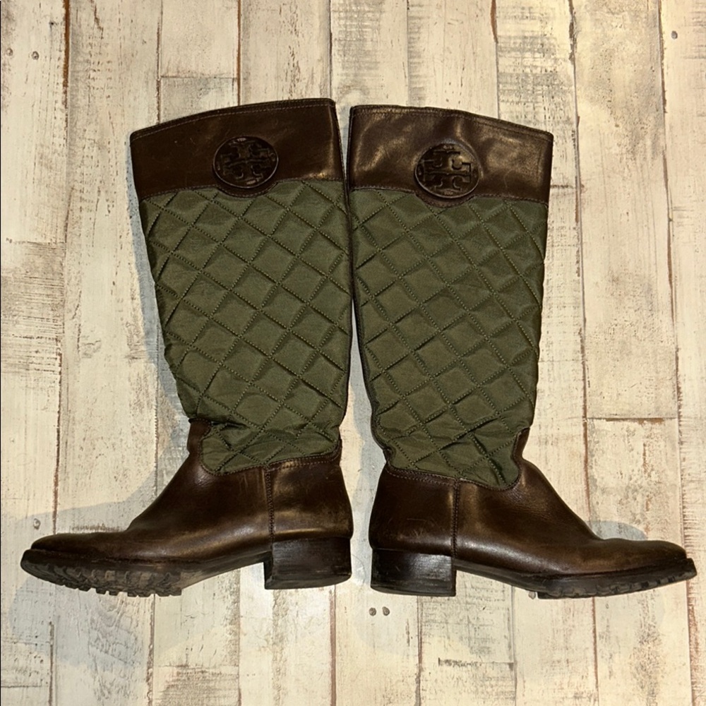 Tory Burch Quilted Green and Brown Riding Boots